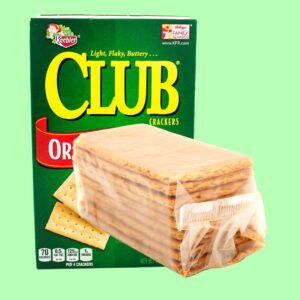 box of crackers with crinkly sealed bag of crackers on display